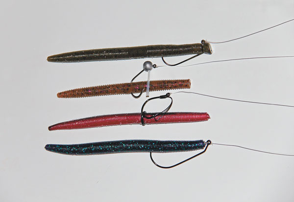 Popular rigging options for soft plastic stickbaits include (top to bottom)  shaky heads, flick shake, wacky and weightless Texas-rigged. - Mississippi  Sportsman